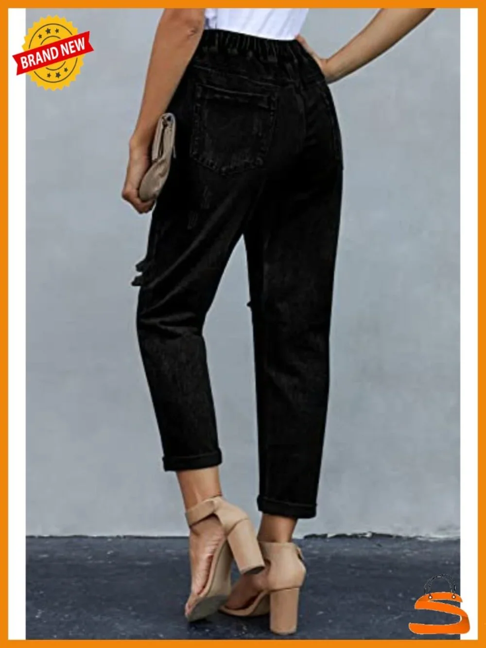 Women's Casual Pull-on Distressed Stretch Denim Joggers Elastic Waist Pants